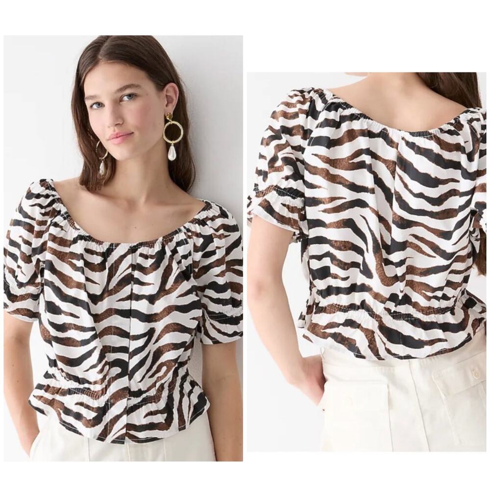 J. Crew Gathered Scoop neck crop blouse Zebra top L